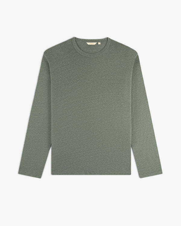 Long-Sleeve Linen Tee in muted green, crew-neck style, shown flat on a white background.