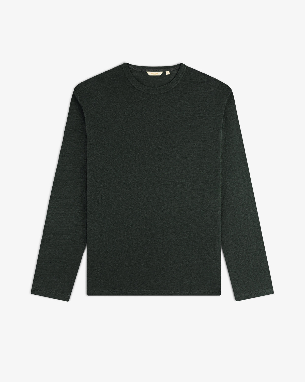A Long-Sleeve Linen Tee in dark green, crewneck style, is displayed flat on a white background.