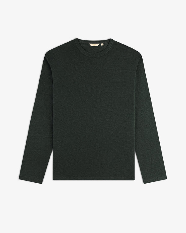 A Long-Sleeve Linen Tee in dark green, crewneck style, is displayed flat on a white background.