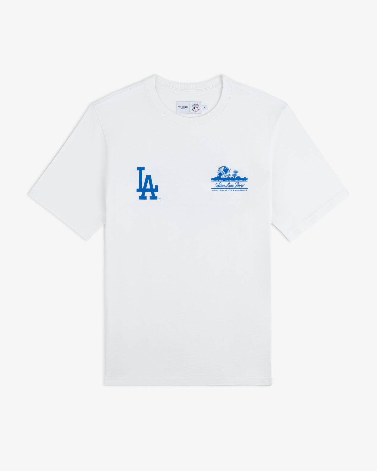 ALD / LA Dodgers Unisphere Tee: White t-shirt with blue LA logo and small blue graphic text on left chest.