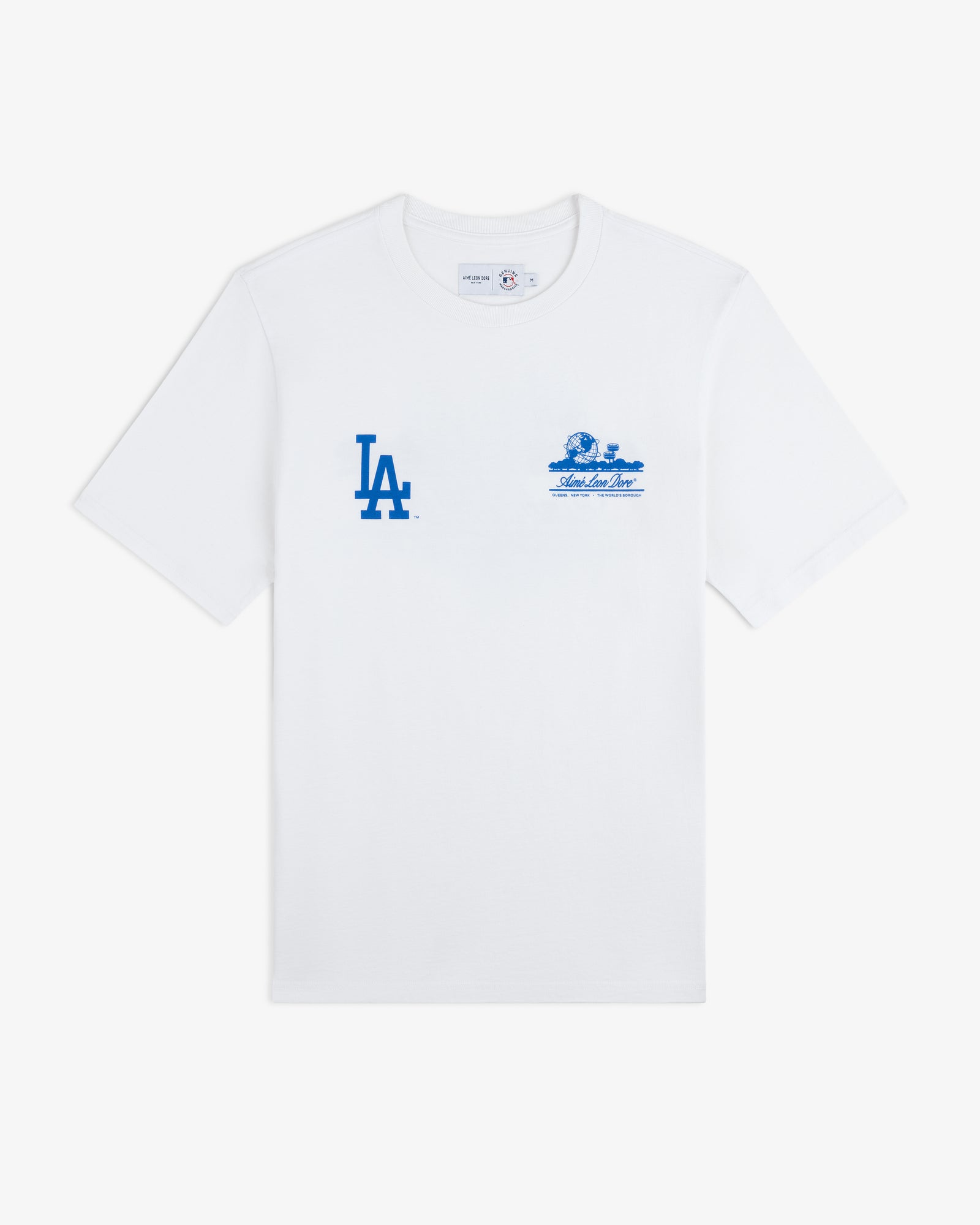 ALD / LA Dodgers Unisphere Tee: White t-shirt with blue LA logo and small blue graphic text on left chest.