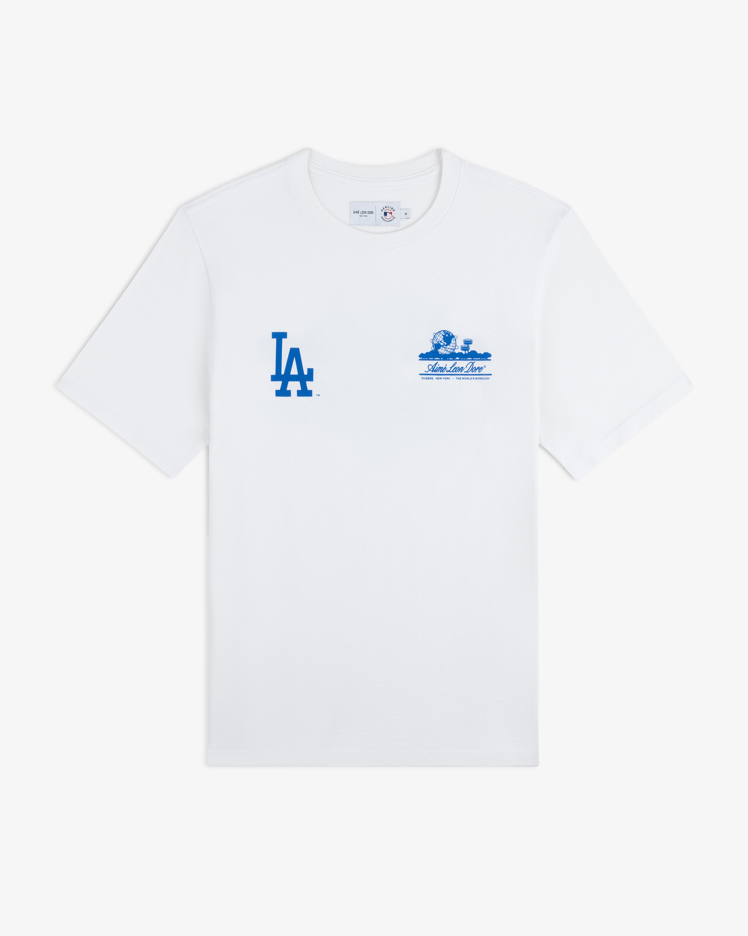ALD / LA Dodgers Unisphere Tee: White t-shirt with blue LA logo and small blue graphic text on left chest.
