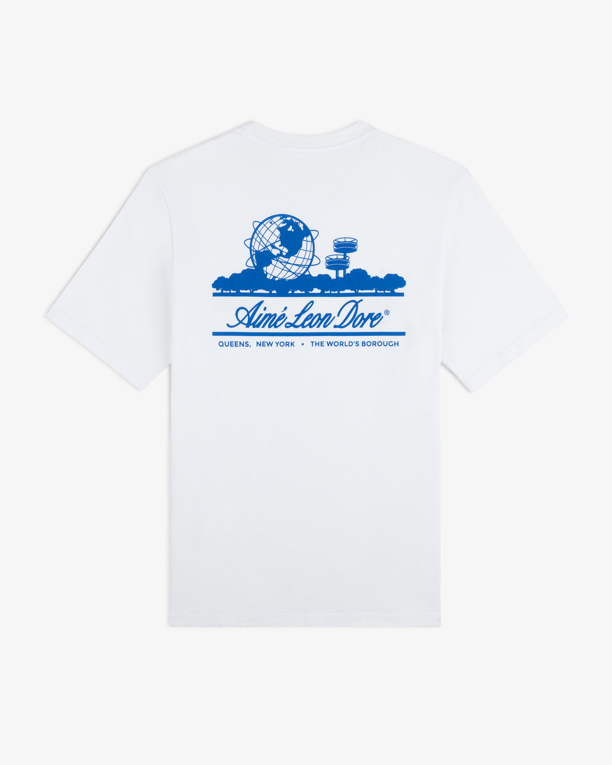 ALD / LA Dodgers Unisphere Tee: White tee with blue New York landmarks graphic and “Aimé Leon Dore” on back.