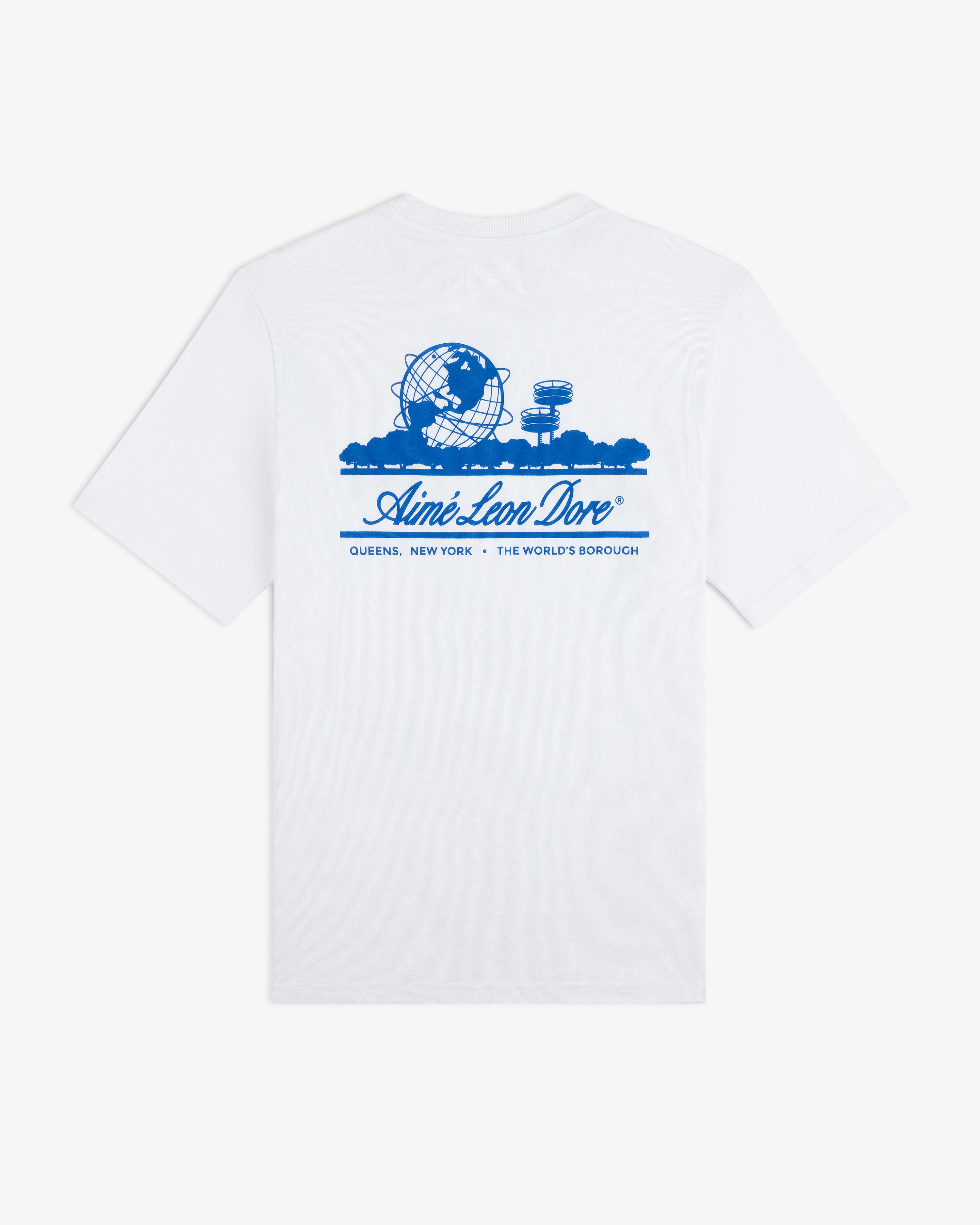 ALD / LA Dodgers Unisphere Tee: White tee with blue New York landmarks graphic and “Aimé Leon Dore” on back.