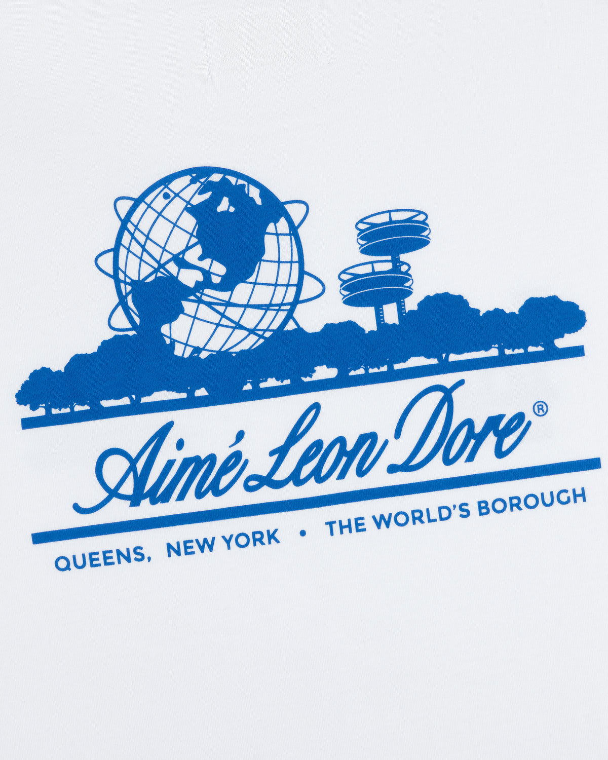 Blue globe, towers & trees graphic with ALD / LA Dodgers Unisphere Tee and The Worlds Borough text.