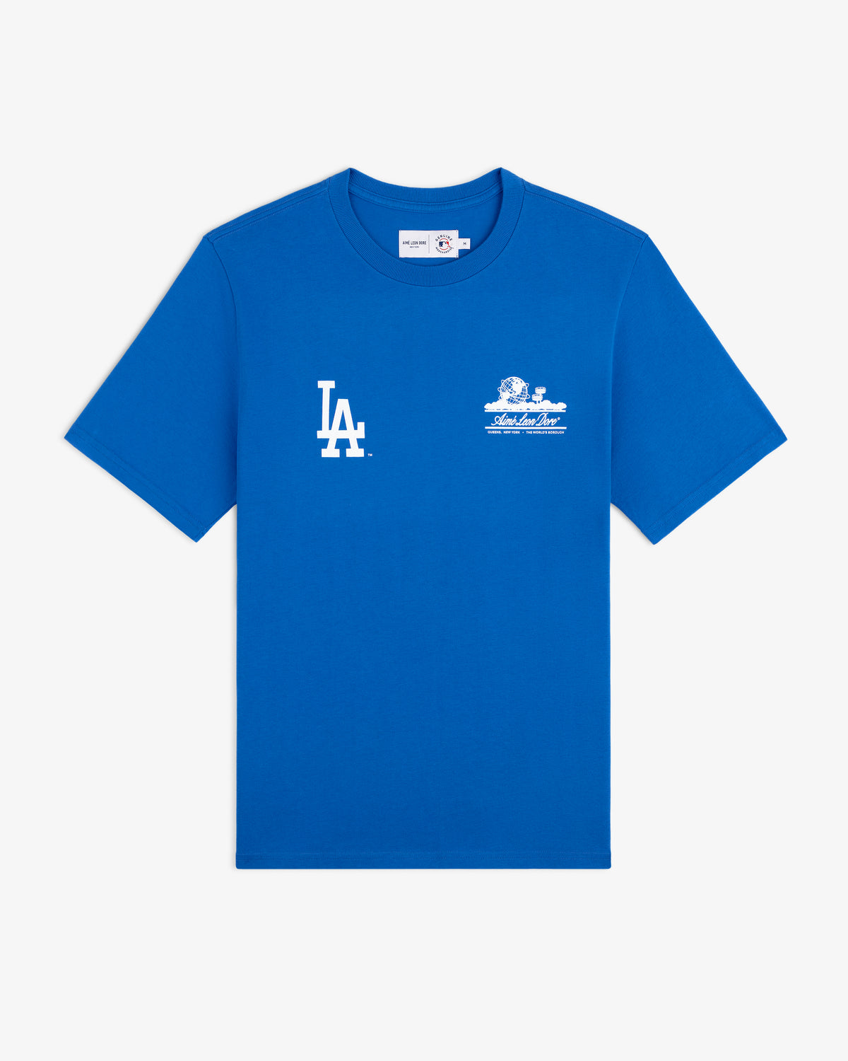 ALD / LA Dodgers Unisphere Tee: Blue short-sleeve with white LA logo and small graphic text on left chest.