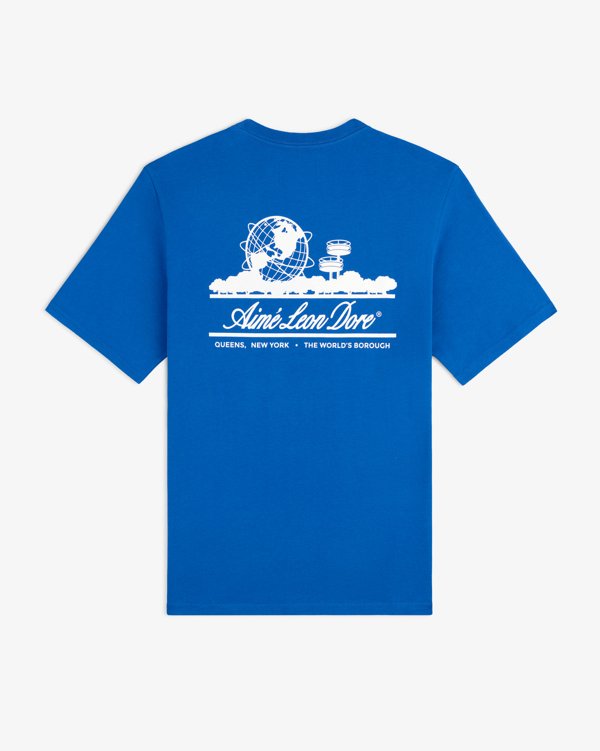 ALD / LA Dodgers Unisphere Tee: Blue tee with white globe, buildings, and Aimé Leon Dore text graphic on back.