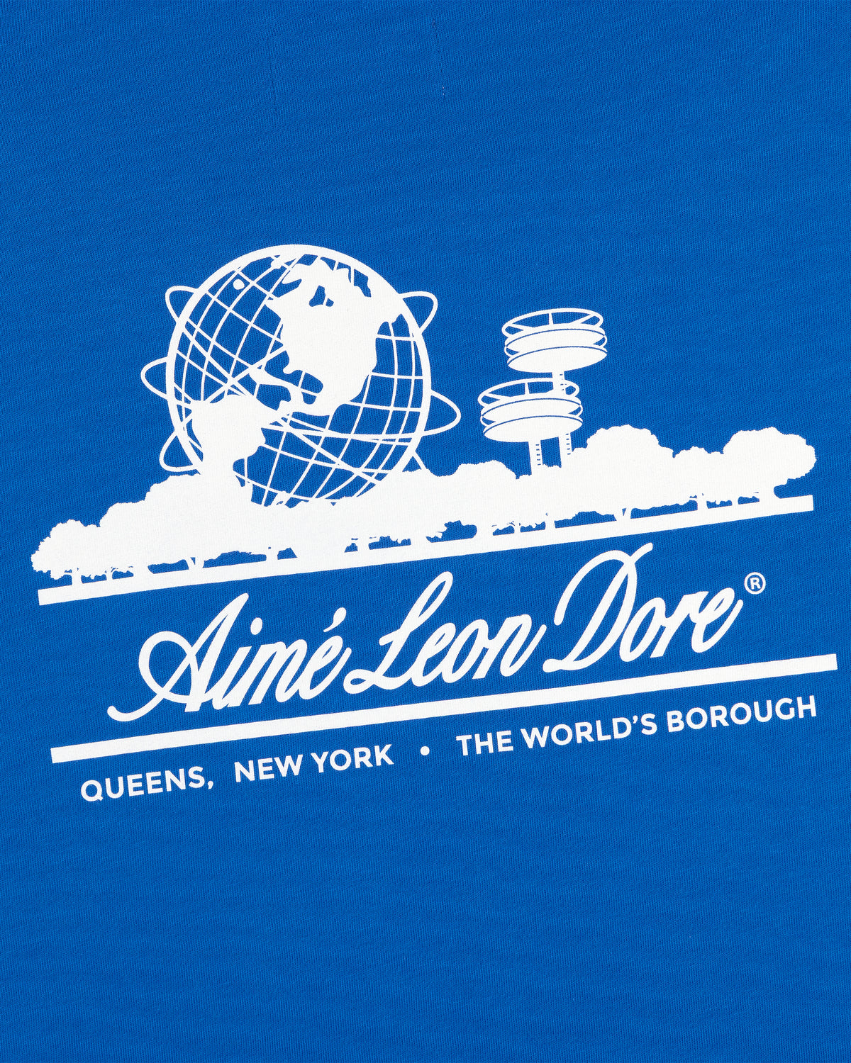 White graphic on blue tee with globe, observatory, trees, and text: ALD / LA Dodgers Unisphere Tee.