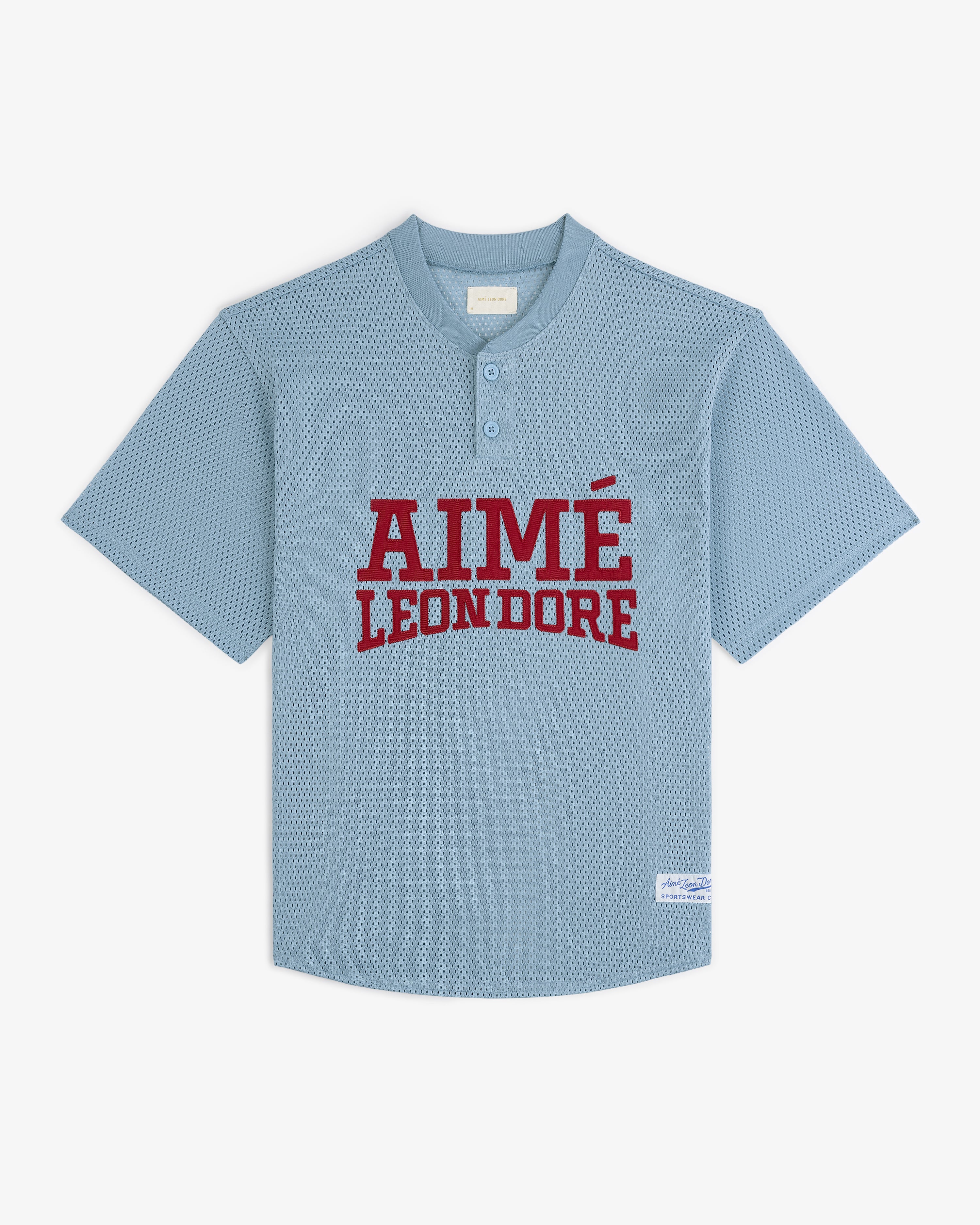 Light blue Mesh Batting Practice Jersey with red AIMÉ LEON DORE logo on chest and small hem label.