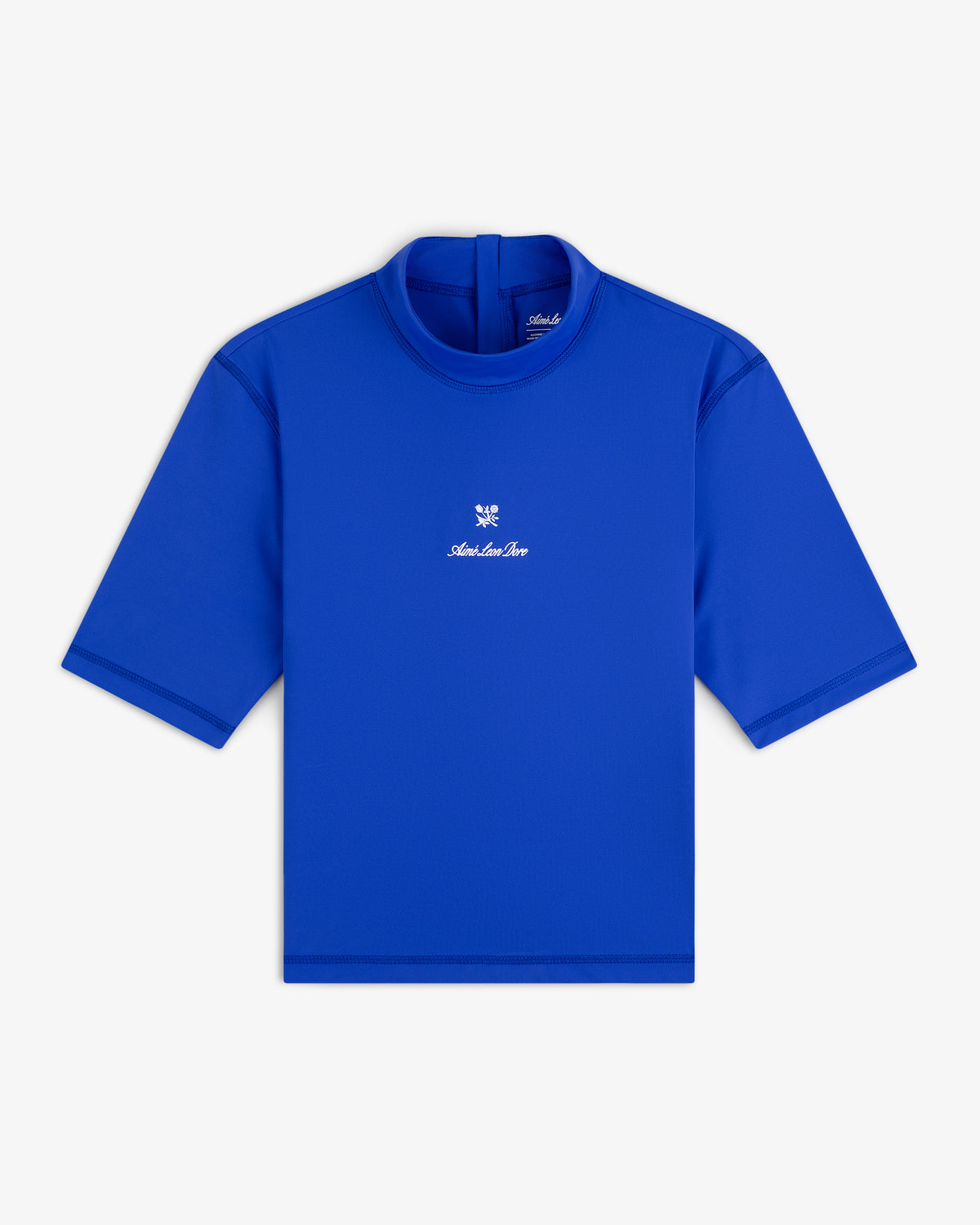 Short Sleeve Crest Rash Guard in bright blue with high collar and small white logo and emblem on the chest, laid flat.