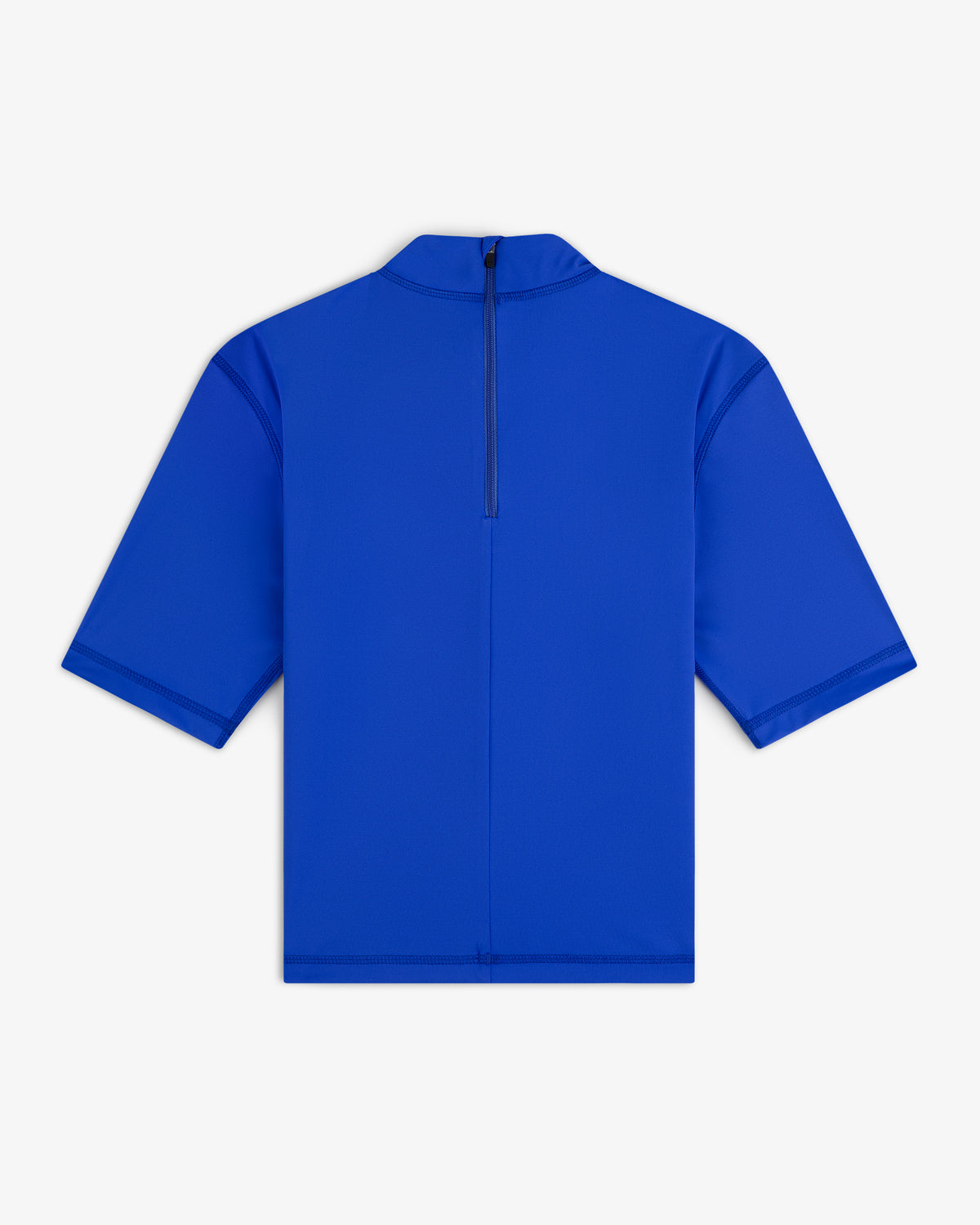 Short Sleeve Crest Rash Guard in bright blue with high collar and back zip, shown on a white background.