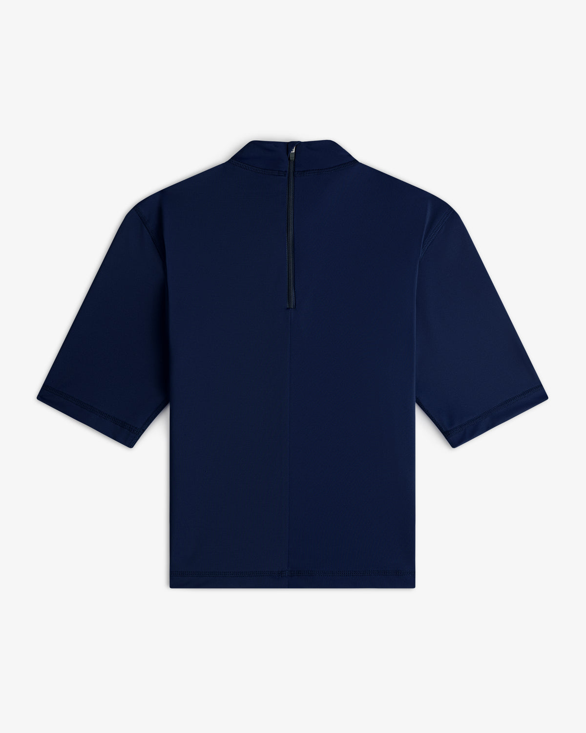 Short Sleeve Crest Rash Guard in navy blue, shown from the back with a black vertical zipper at the neck.