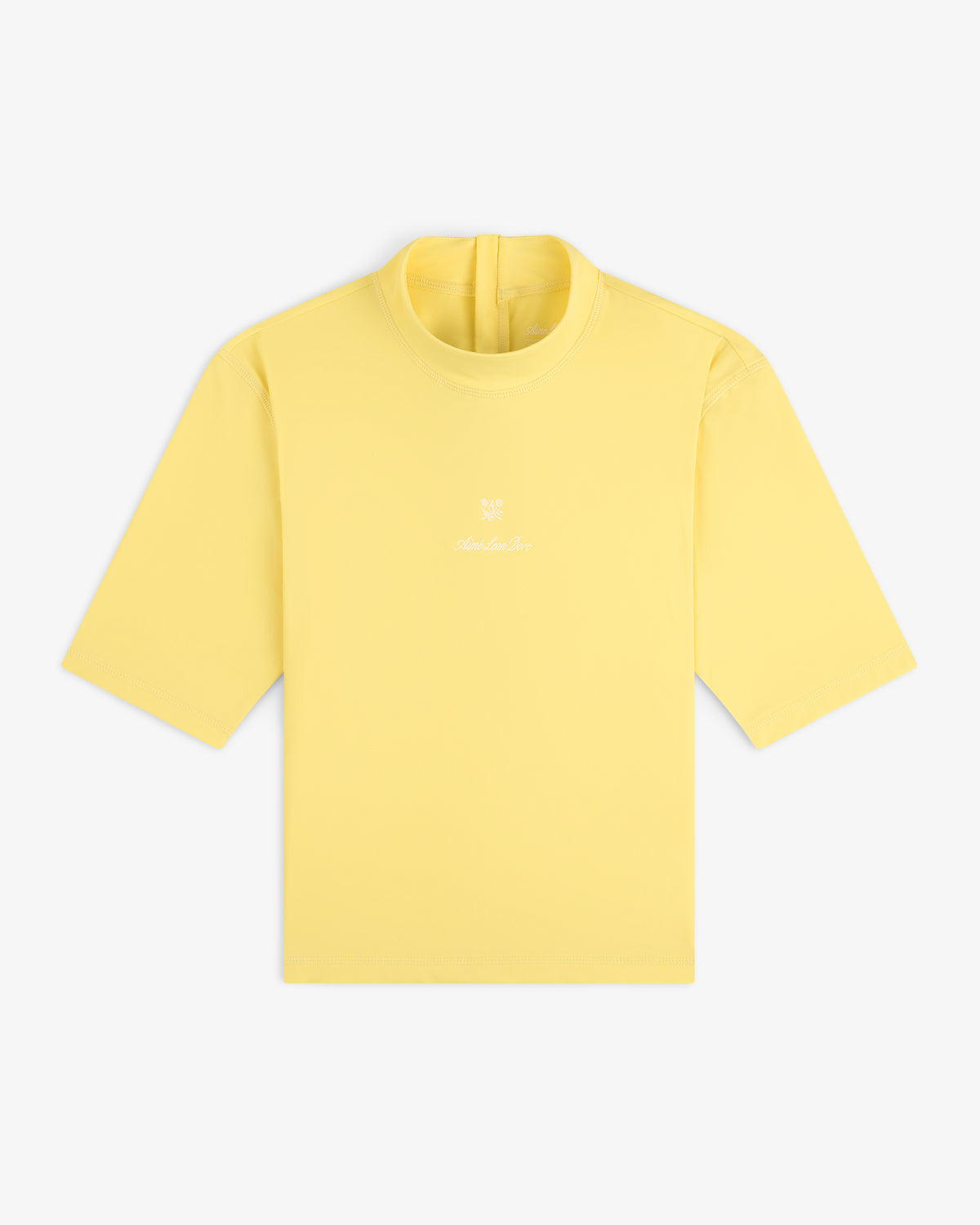 Short Sleeve Crest Rash Guard in light yellow with small white logo and text on chest, shown on white background.