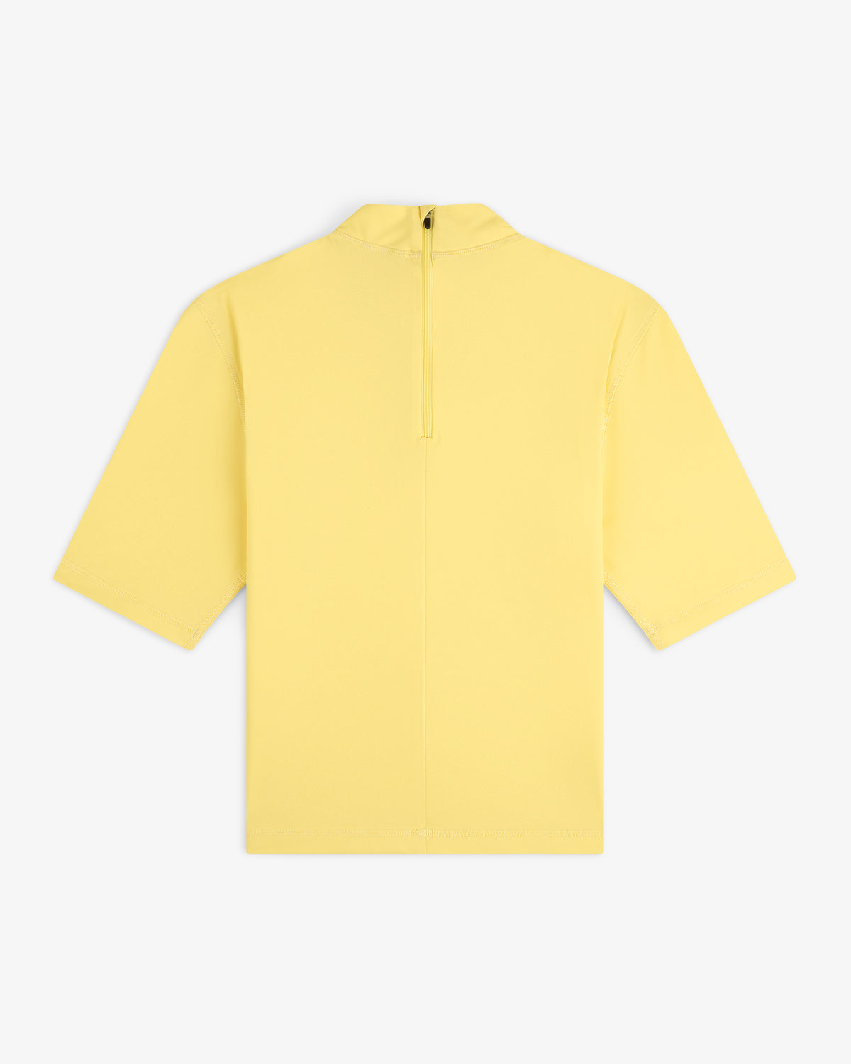 Back view of the Short Sleeve Crest Rash Guard in light yellow with a top center zip closure.