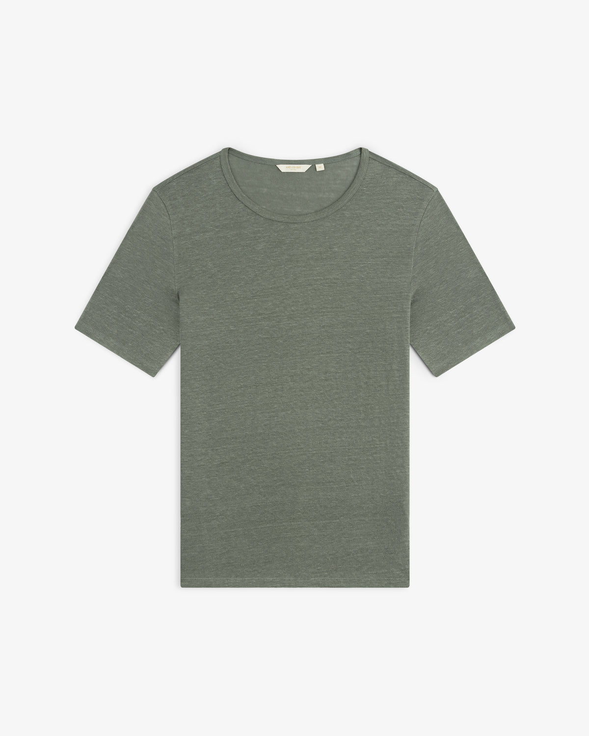 Linen Tee—short-sleeve, crew neck in heathered olive green, shown flat on a white background.