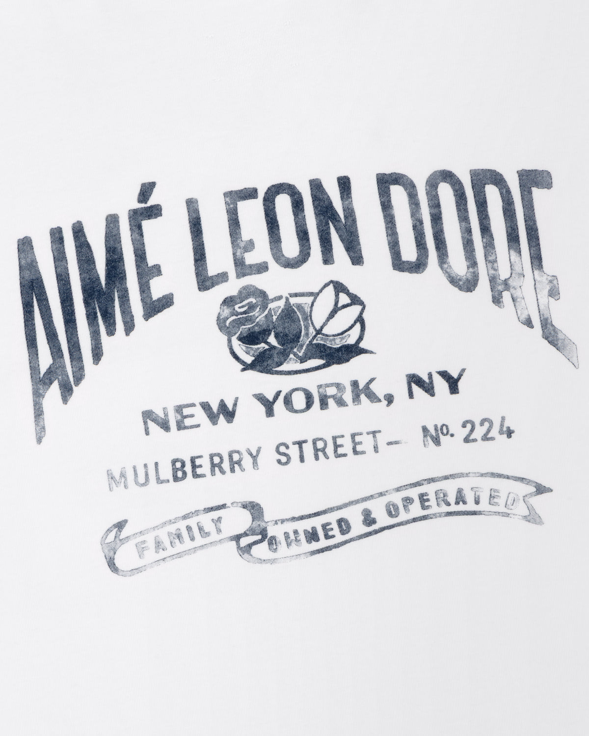 Neighborhood Pocket Tee featuring Aimé Leon Dore logo with roses and Family Owned & Operated, No. 224 Mulberry St, NY.