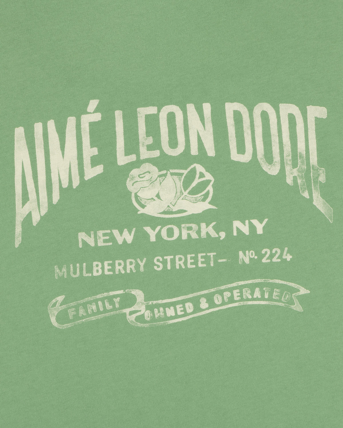 Green Neighborhood Pocket Tee with white text: AIMÉ LEON DORE, New York, Mulberry Street No. 224.
