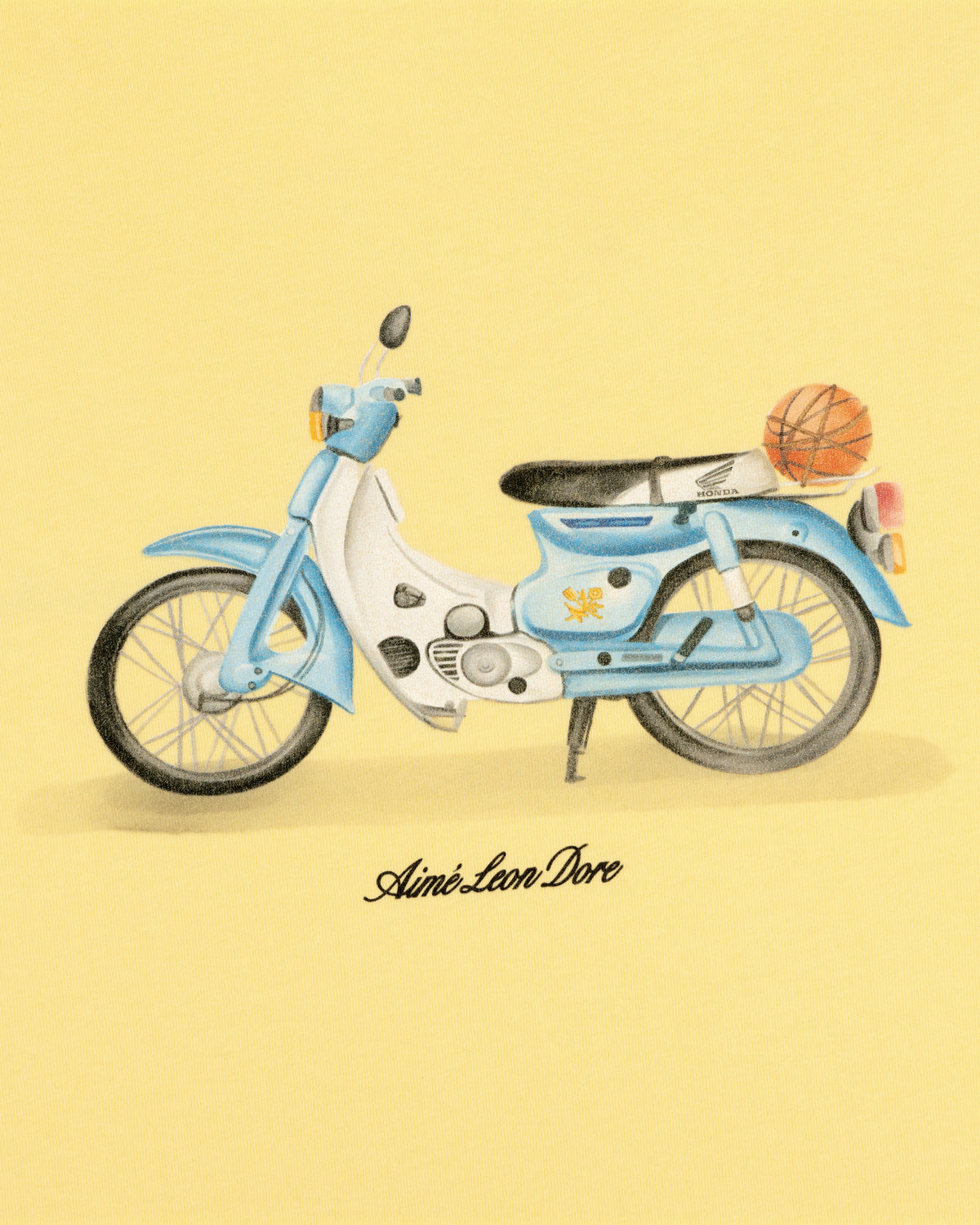 Illustration of a blue and white moped with a basketball, yellow background, and Super Cub Tee text below.