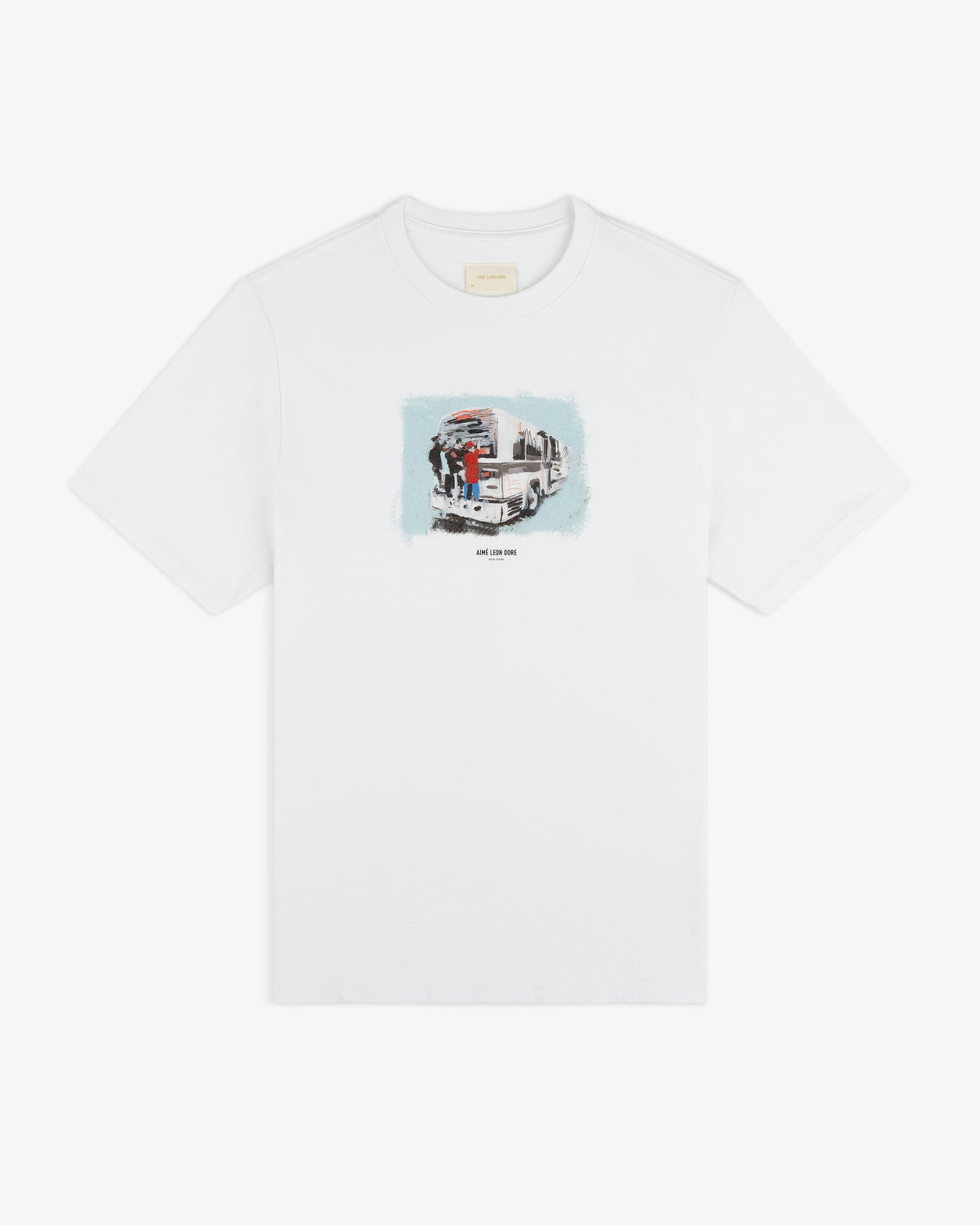 Mesaikos Commuter Tee: white T-shirt with a small illustrated graphic of a truck and people on the chest.