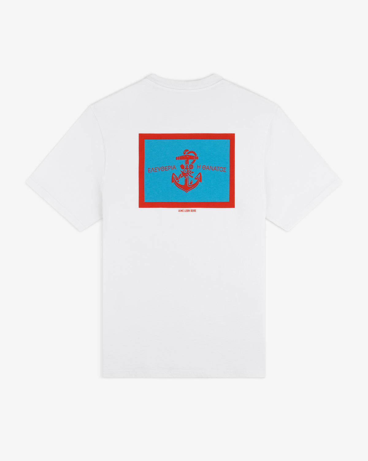 Coastal Flag Tee: White shirt with red-bordered blue rectangle and Greek text above an anchor graphic on the back.