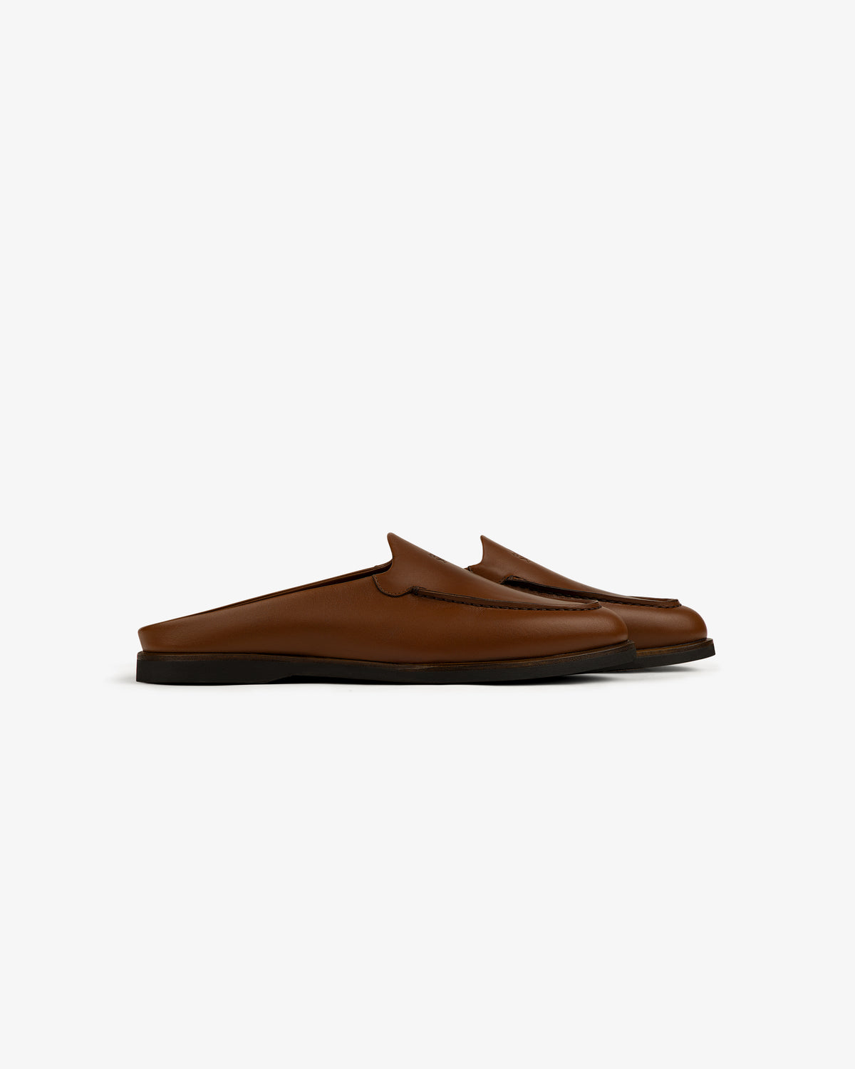 Venetian Mule brown leather slip-on loafers with black soles, side view on a white background.