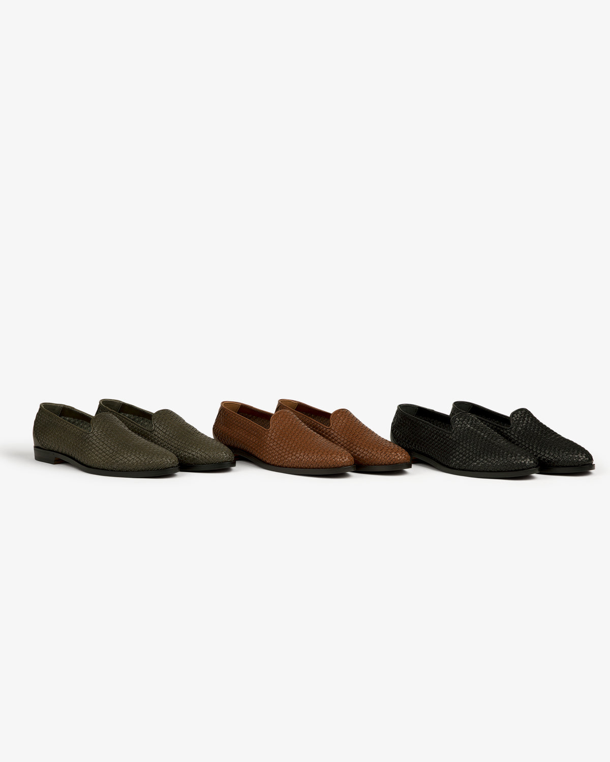 Three Leather Raffia Loafers in olive green, brown, and black, displayed side by side on a white background.