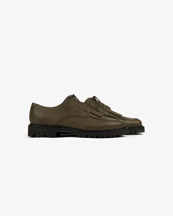Leather Lug Sole Derby in brown textured leather with black chunky soles, shown on a white background.