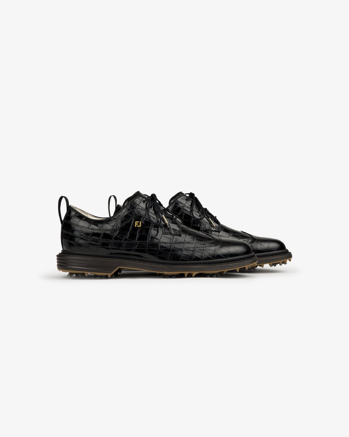 ALD / Footjoy Croc-Embossed Premiere Series Marquis black leather dress shoes with lace-up fronts and brown soles.