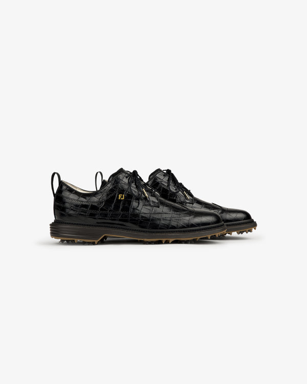 ALD / Footjoy Croc-Embossed Premiere Series Marquis black leather dress shoes with lace-up fronts and brown soles.
