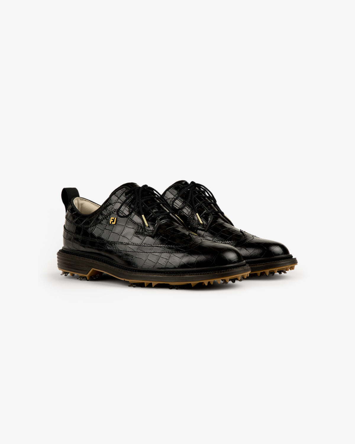 ALD / Footjoy Croc-Embossed Premiere Series Marquis: black leather golf shoes with brown soles and laces on white.
