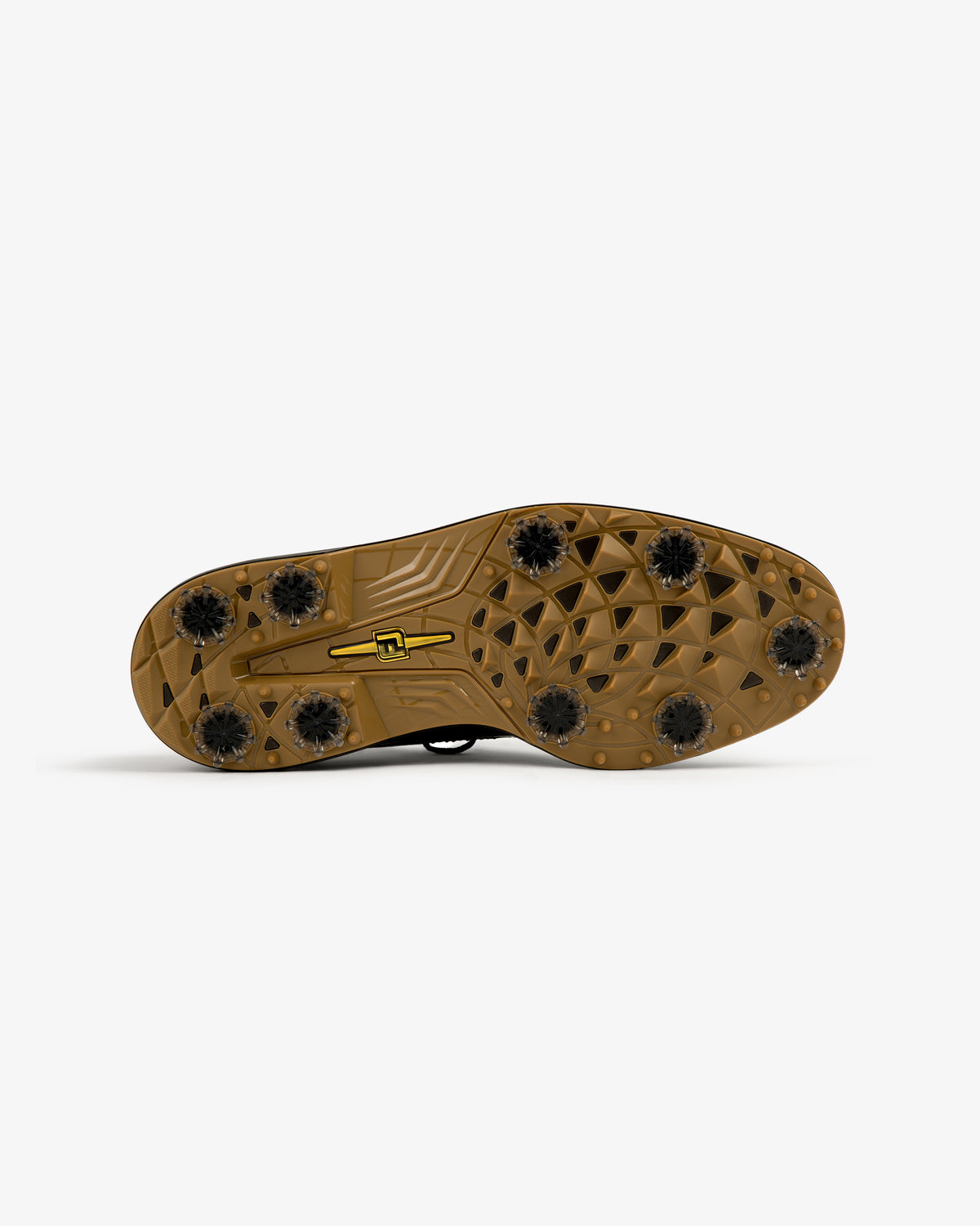 Croc-embossed ALD / Footjoy Premiere Series Marquis golf shoe sole with black spikes on white background.