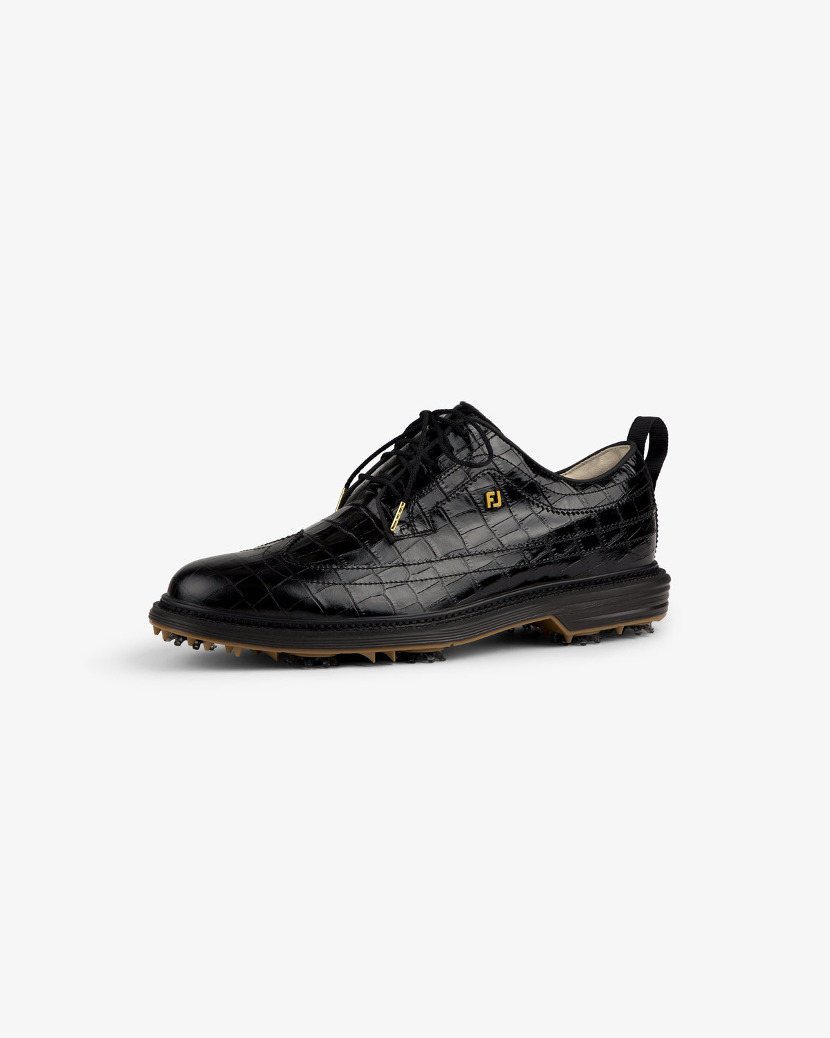 ALD / Footjoy Croc-Embossed Premiere Series Marquis: black lace-up dress shoe with brown sole on white background.