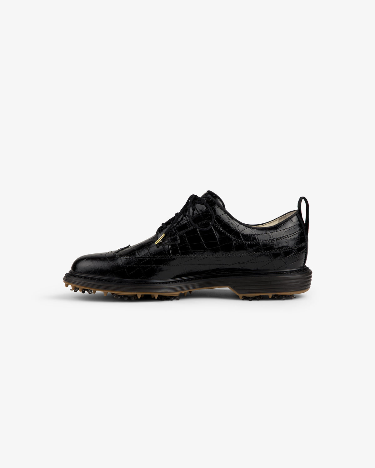 ALD / Footjoy Croc-Embossed Premiere Series Marquis: black leather golf shoe with laces and rubber spikes.