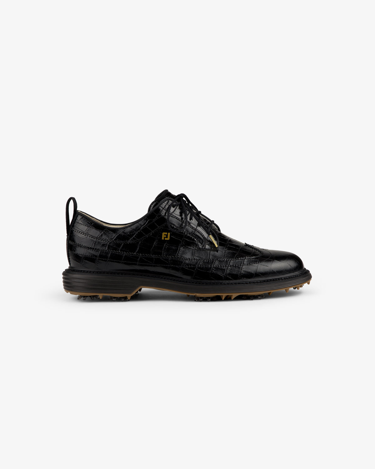 ALD / Footjoy Croc-Embossed Premiere Series Marquis: black lace-up dress shoe with croc pattern and small gold FJ logo.