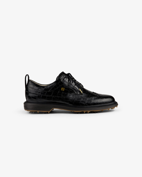 ALD / Footjoy Croc-Embossed Premiere Series Marquis: black lace-up dress shoe with croc pattern and small gold FJ logo.