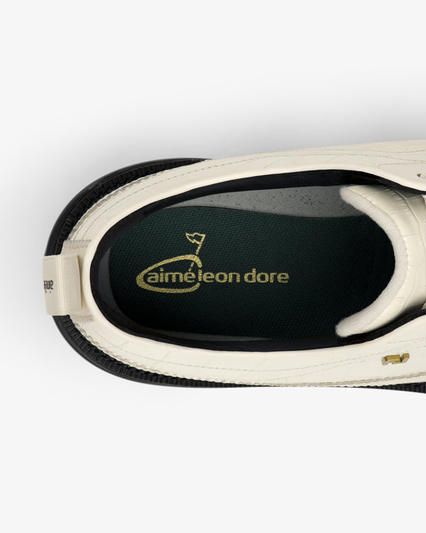 Top view of ALD / Footjoy Croc-Embossed Premiere Series Marquis with gold aimé leon dore on dark green insole.