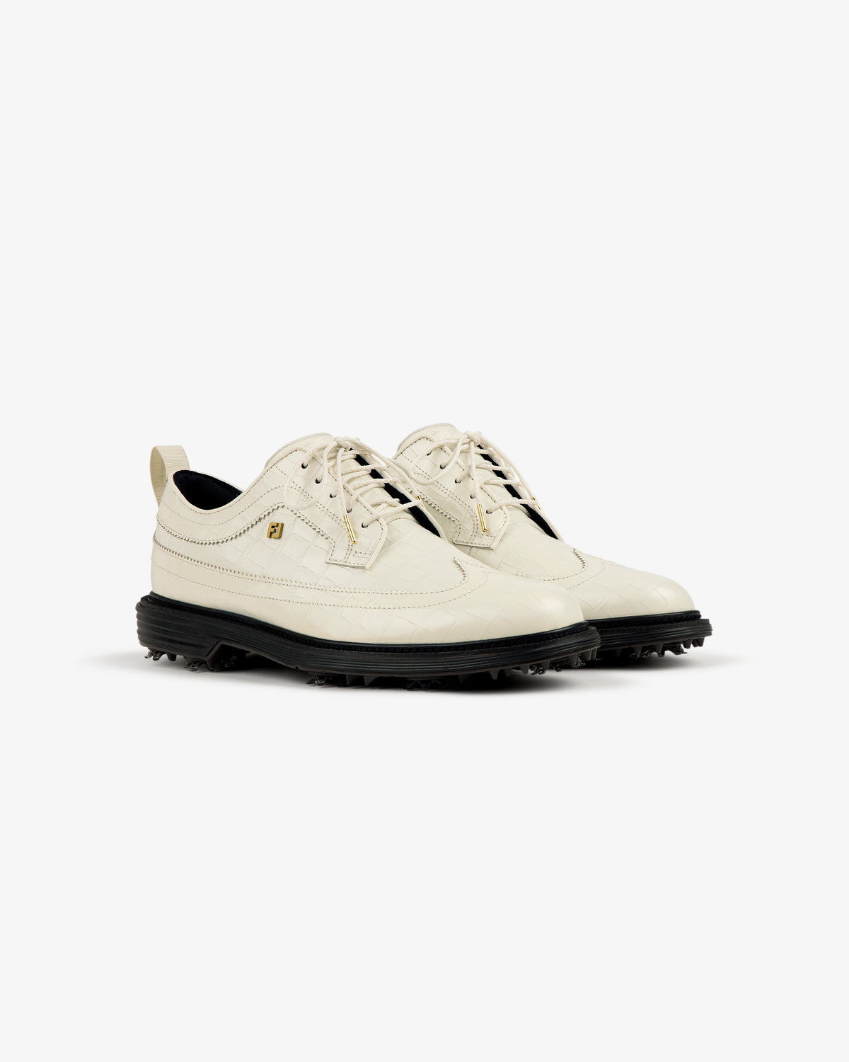 ALD / Footjoy Croc-Embossed Premiere Series Marquis shoes with black soles shown on a plain white background.
