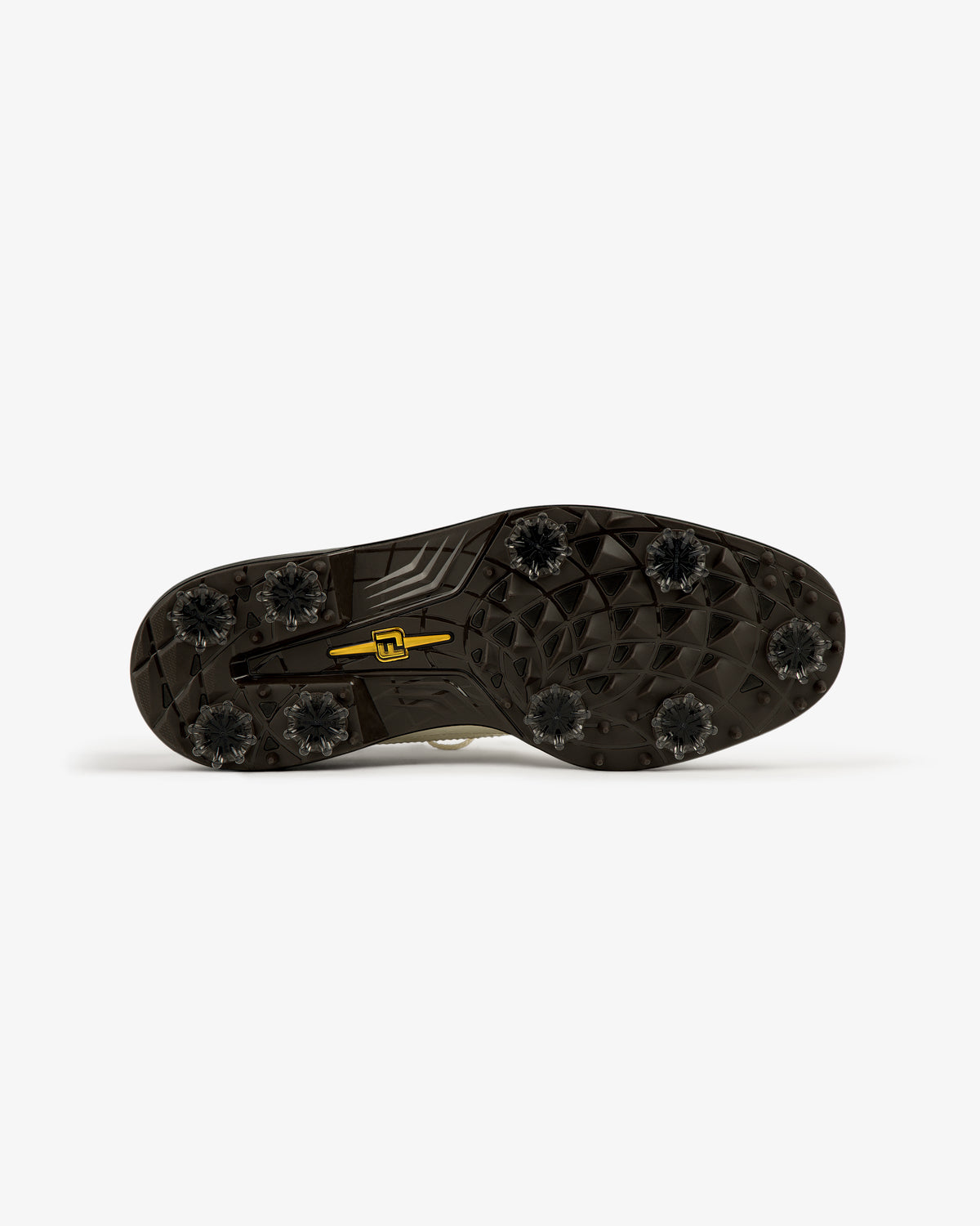 ALD / Footjoy Croc-Embossed Premiere Series Marquis features a black sole with seven spikes and a yellow logo.