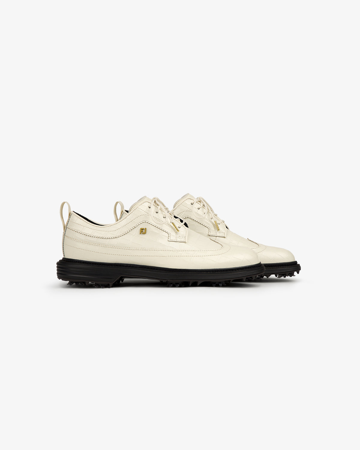 The ALD / Footjoy Croc-Embossed Premiere Series Marquis shoes in off-white leather with black soles, side by side.