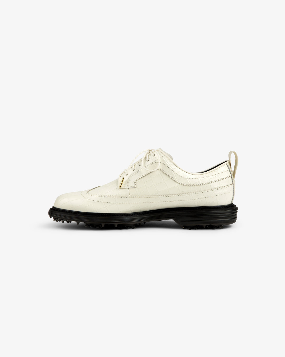 Side view of ALD / Footjoy Croc-Embossed Premiere Series Marquis, off-white leather with black sole on white background.