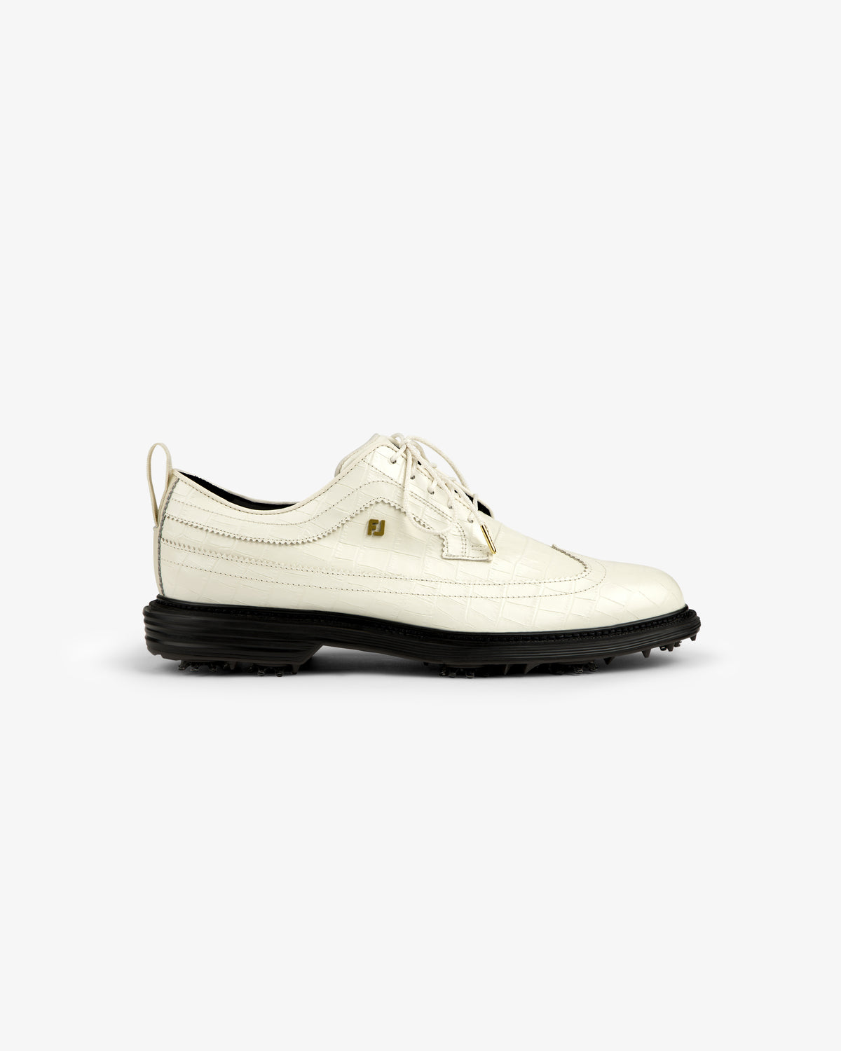 ALD / Footjoy Croc-Embossed Premiere Series Marquis, white lace-up shoe with black sole, side profile on white background.