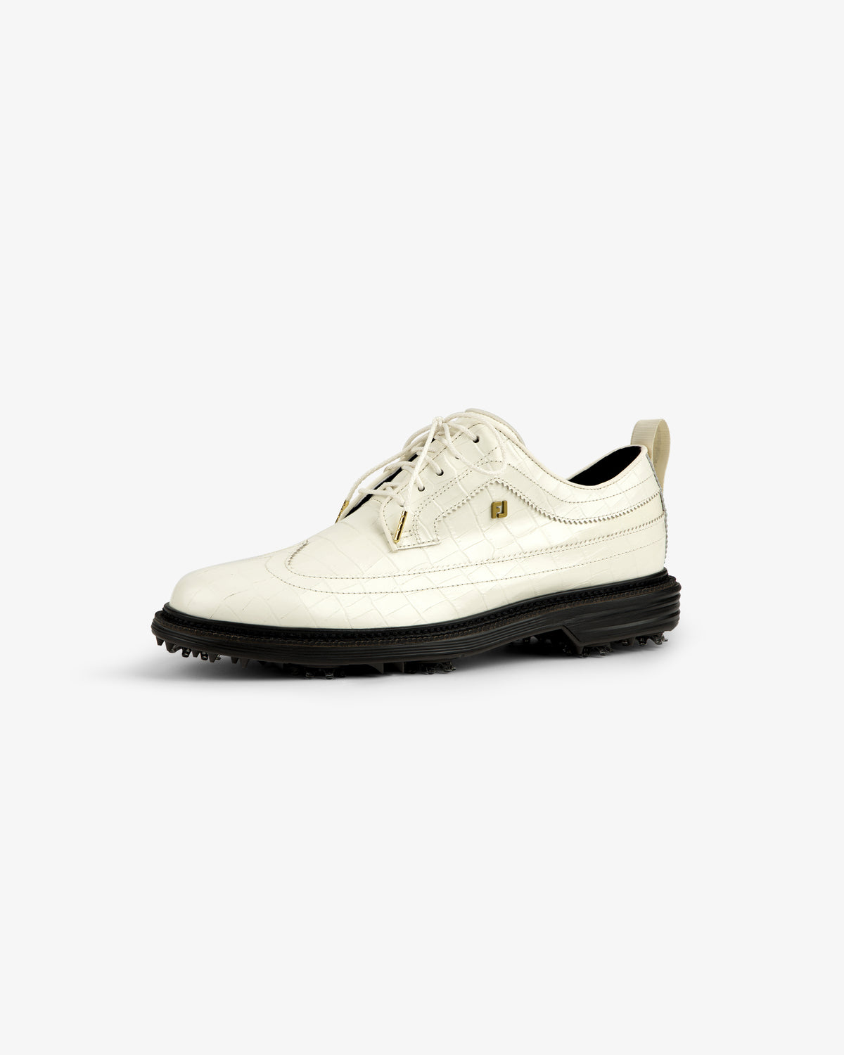 ALD / Footjoy Croc-Embossed Premiere Series Marquis white leather shoe with black sole and laces on white background.