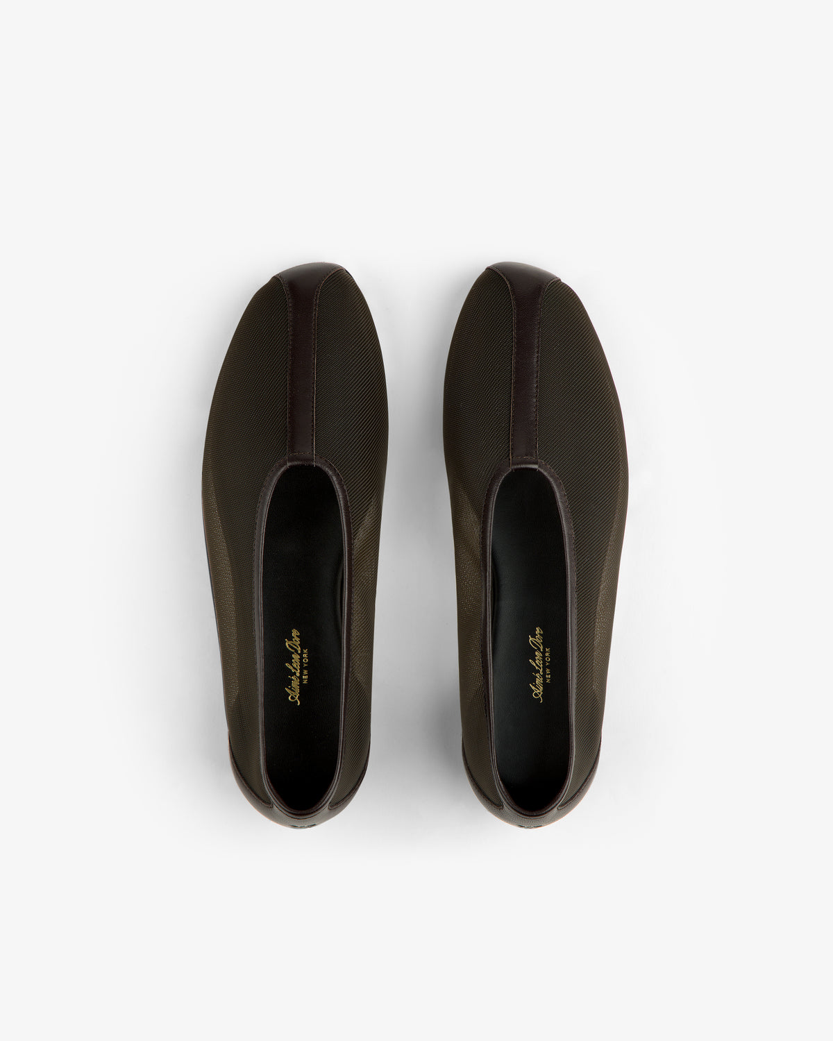 Top view of Mesh Ballet Flat slip-ons with gold insole text, displayed on a white background.