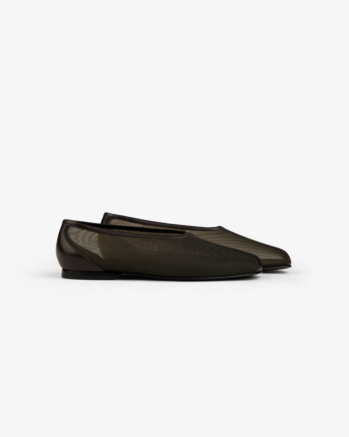 Mesh Ballet Flat in sheer black mesh with slight heel, shown from the side on a white background.