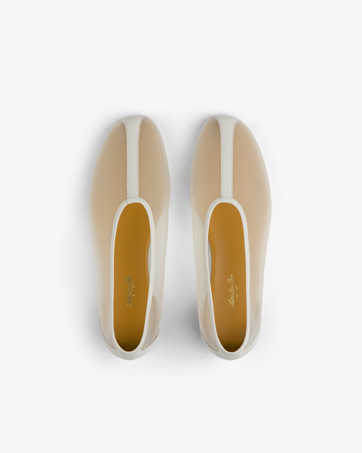 Top view of Mesh Ballet Flat in beige mesh with white soles and tan insoles on a white background.