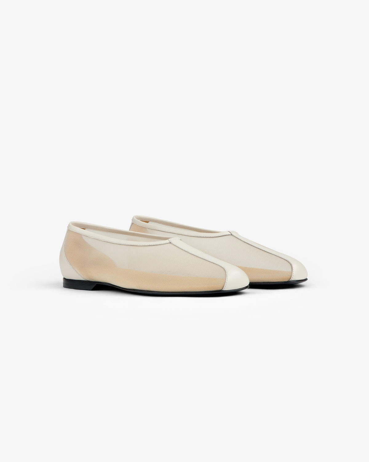 Mesh Ballet Flat in beige with black soles, slip-on style, shown against a plain white background.