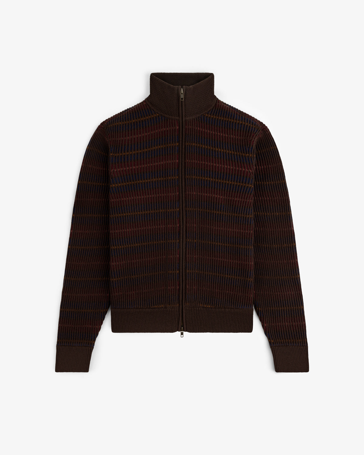 Multi Color Knit Track Sweater with zip-up front, high collar, long sleeves, and a blue-red grid pattern.