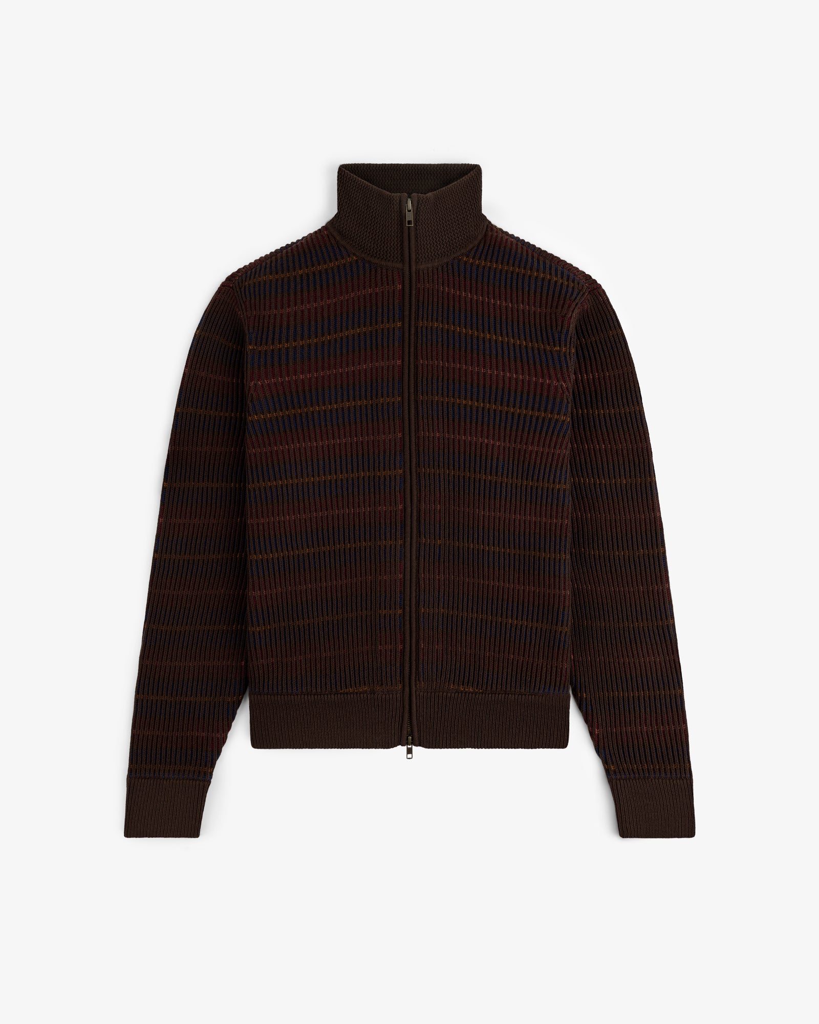 Multi Color Knit Track Sweater with zip-up front, high collar, long sleeves, and a blue-red grid pattern.