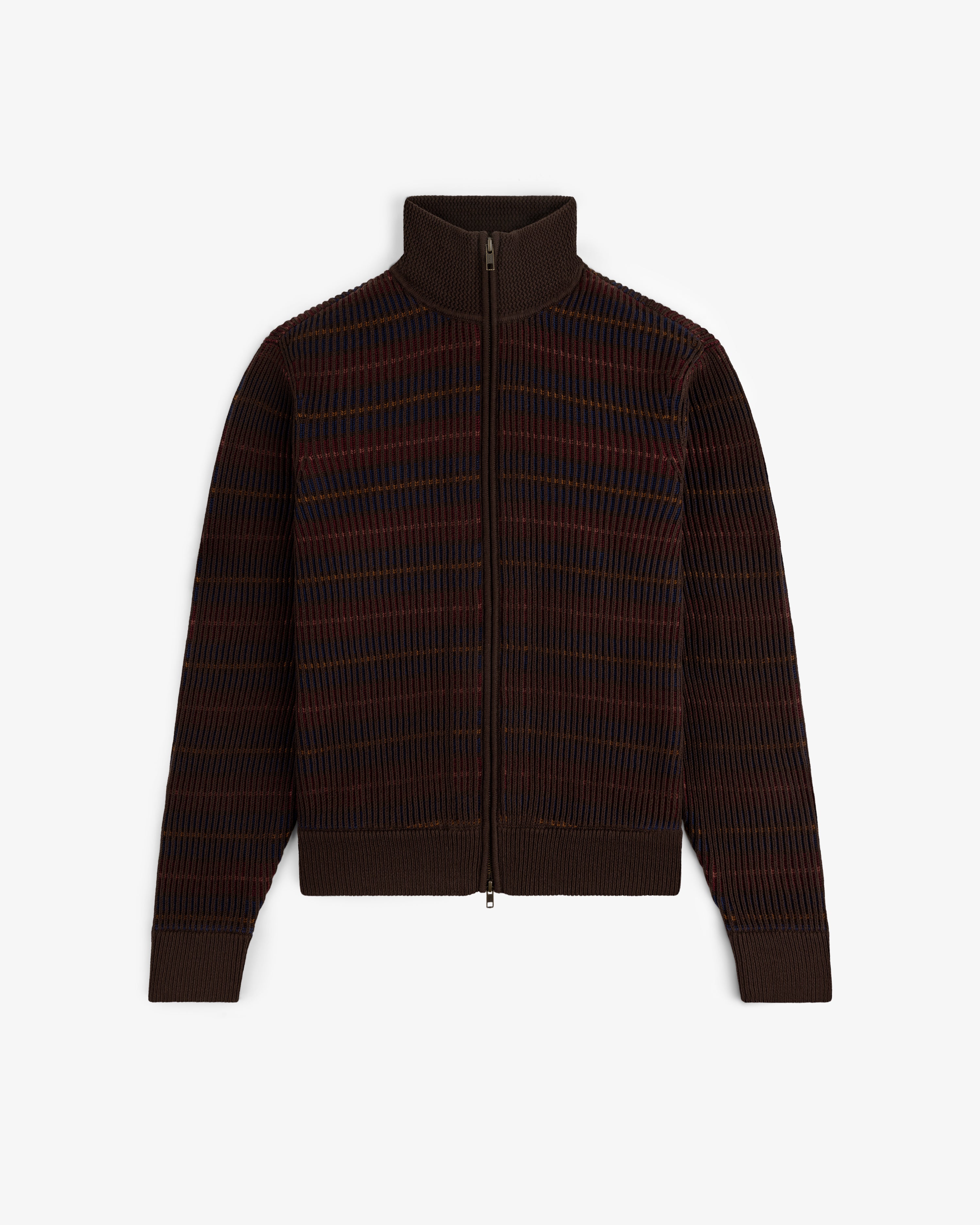 Multi Color Knit Track Sweater with zip-up front, high collar, long sleeves, and a blue-red grid pattern.