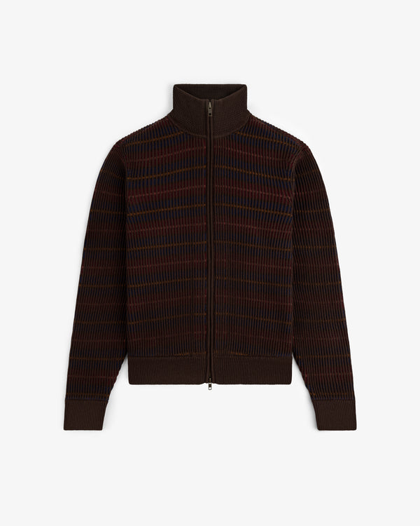 Multi Color Knit Track Sweater with zip-up front, high collar, long sleeves, and a blue-red grid pattern.